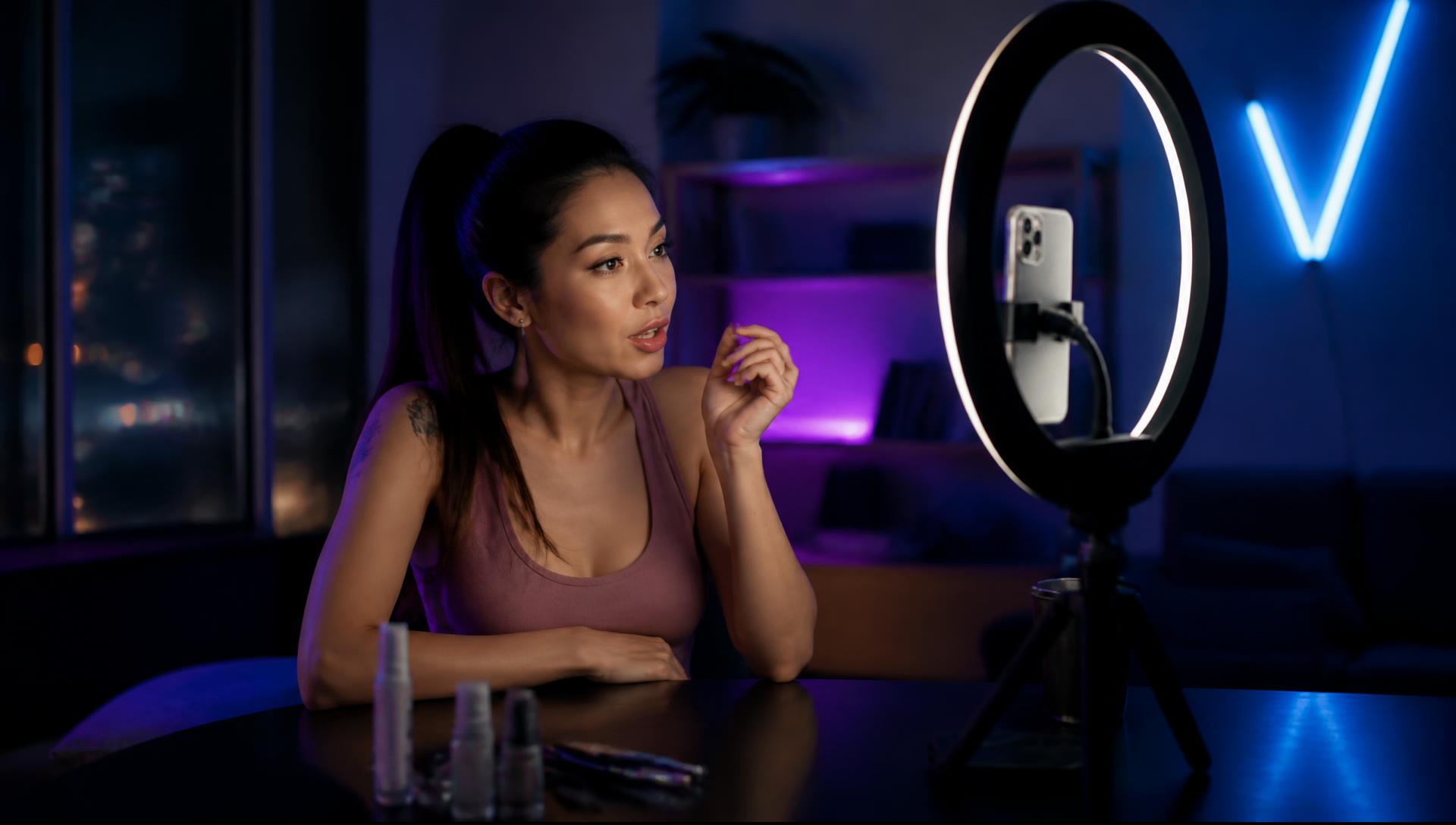 Creator filming a video in a neon-lit studio